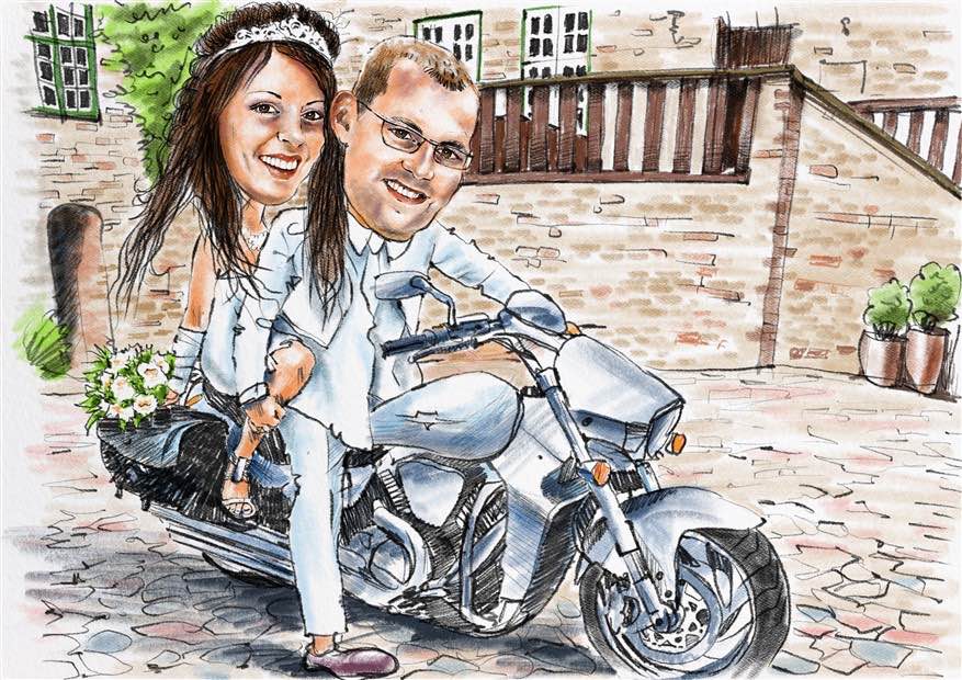 Hochzeitskarikatur auf Motorrad