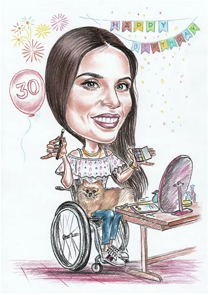 Geburtstagskarikatur im Rollstuhl