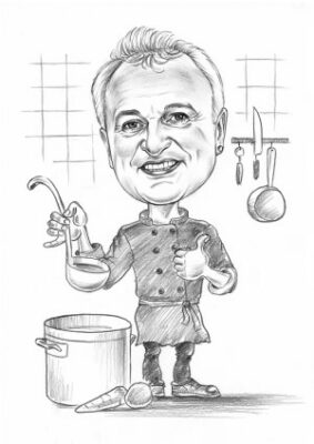 Karikatur vom Koch in Schwarz Weiß