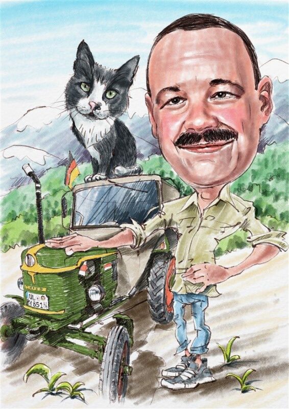 Karikatur mit Traktor und Katze