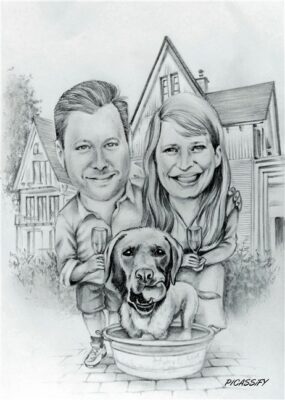 Paarkarikatur mit Haus und Hund in Schwarz Weiß